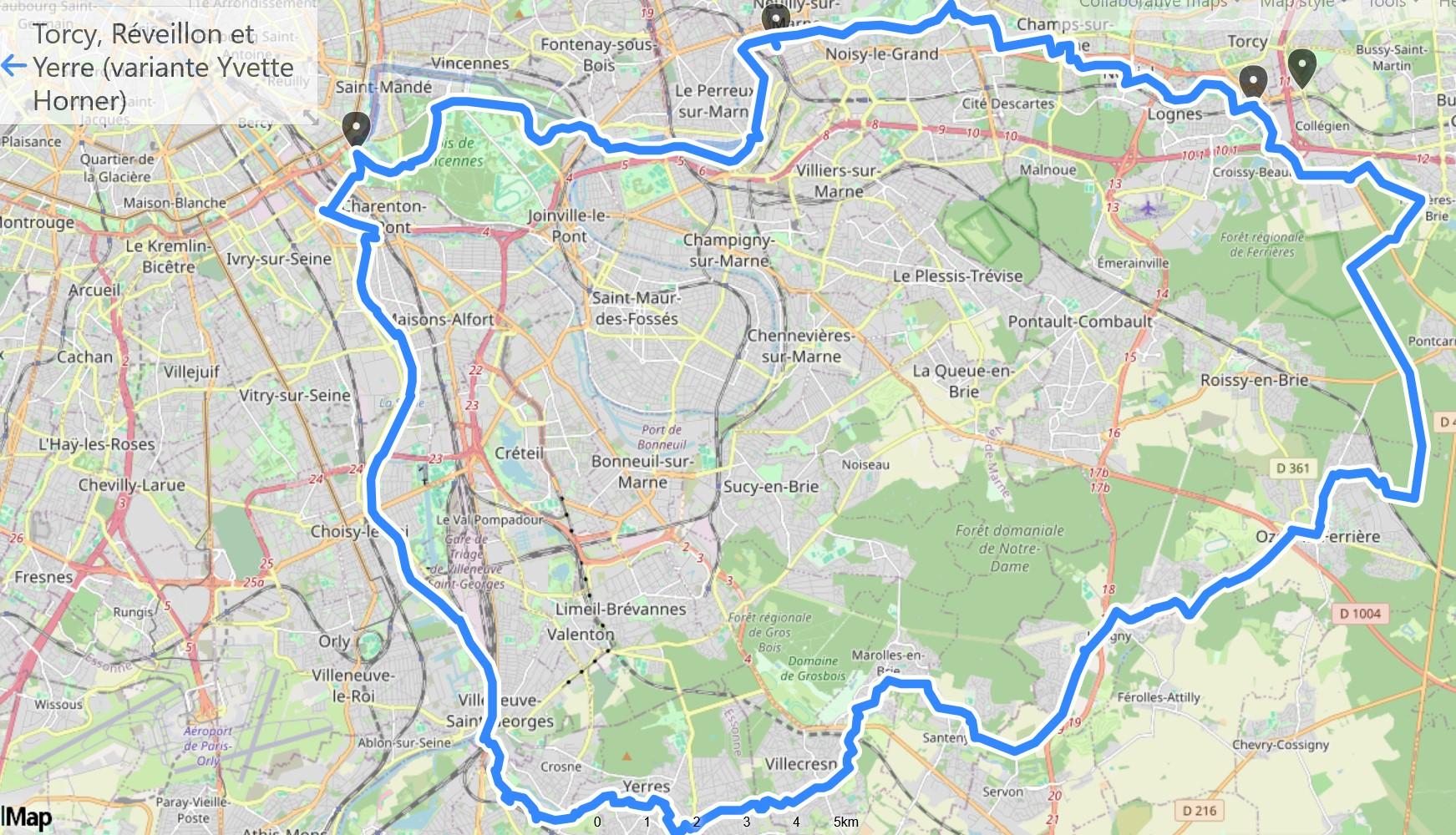 boucle 80 km Vincennes, Torcy, Réveillon et Yerre (variante Yvette Horner)
